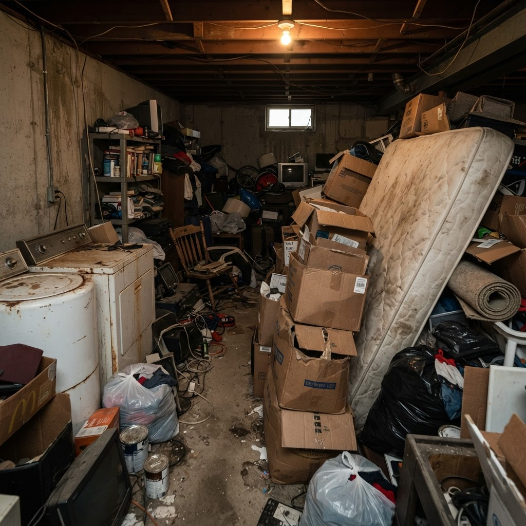Cluttered basement full of junk before RMX cleanout