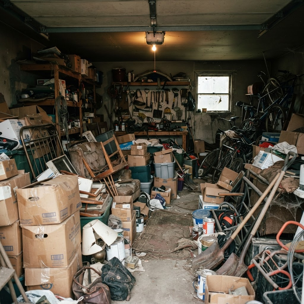 Cluttered garage full of junk before RMX cleanout