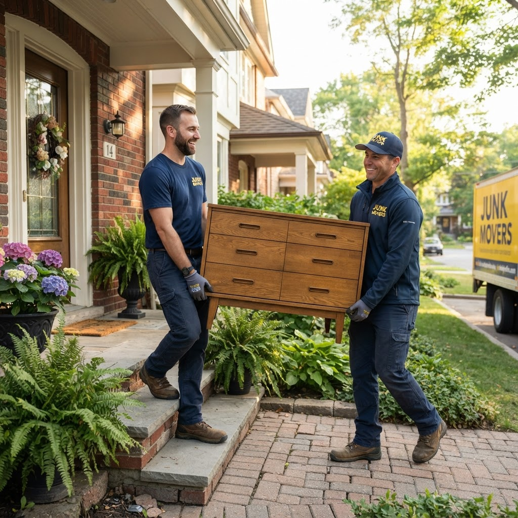 RMX Junk Removal crew carrying a dresser out of a home