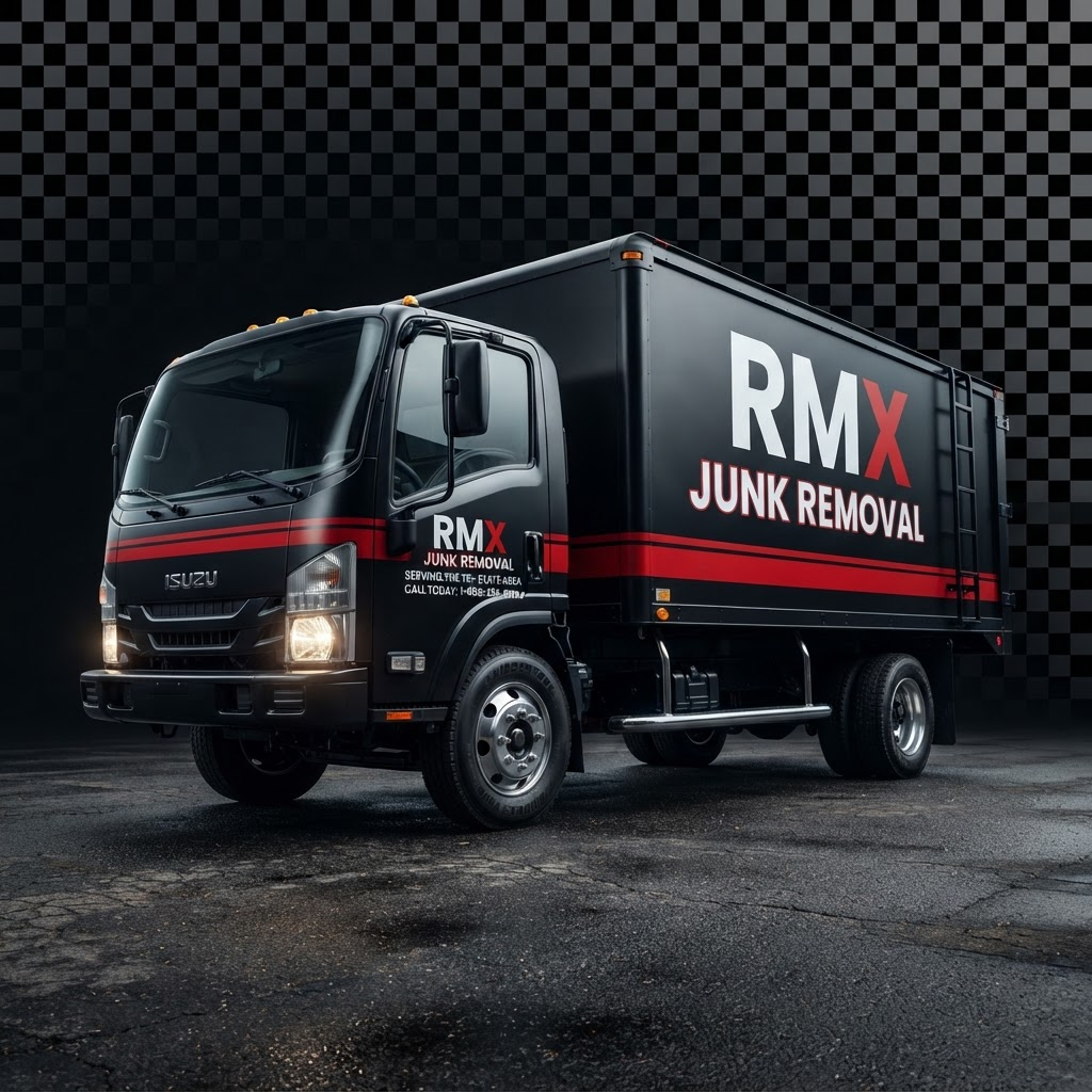 RMX Junk Removal branded black and red truck ready for a job